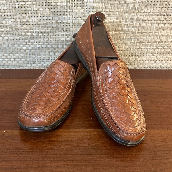 🌟HP🌟Johnson & Murphy Cognac Tan Leather Tidwell Woven Loafers 9M Brazil - Picture 1 of 13